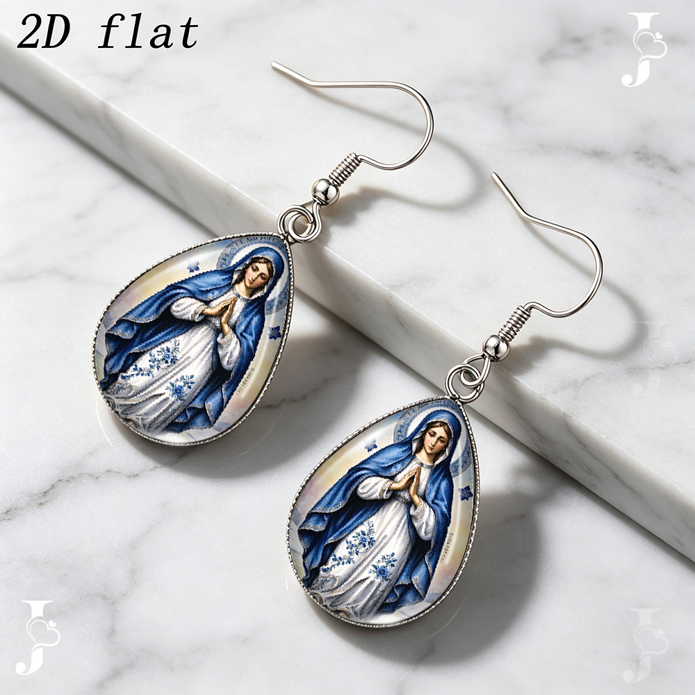 Virgin Mary Praying Pattern Teardrop Dangle Earrings, Handmade Gift